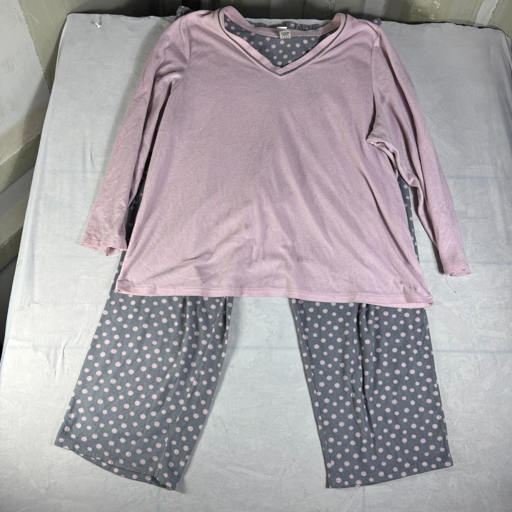 Liz Claiborne Womens Pajama Set Pink Gray‎ Polka Dot Long Sleeve Drawstring 2X